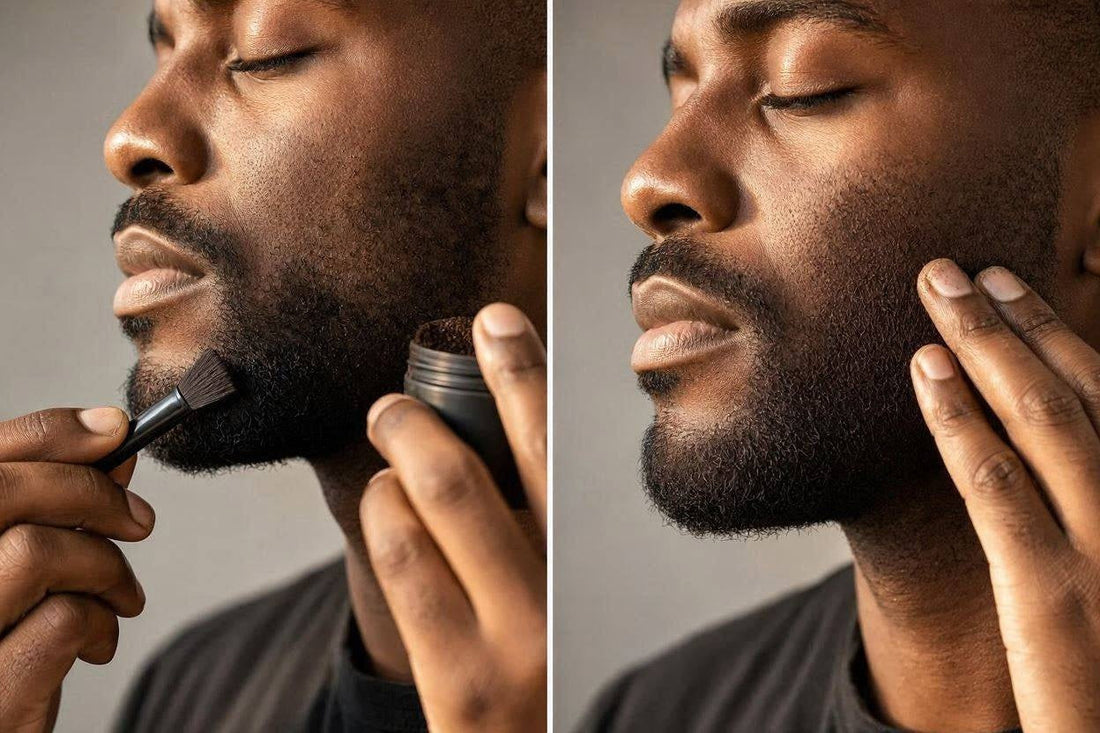 Applying hair fiber powder to a beard with a small brush
