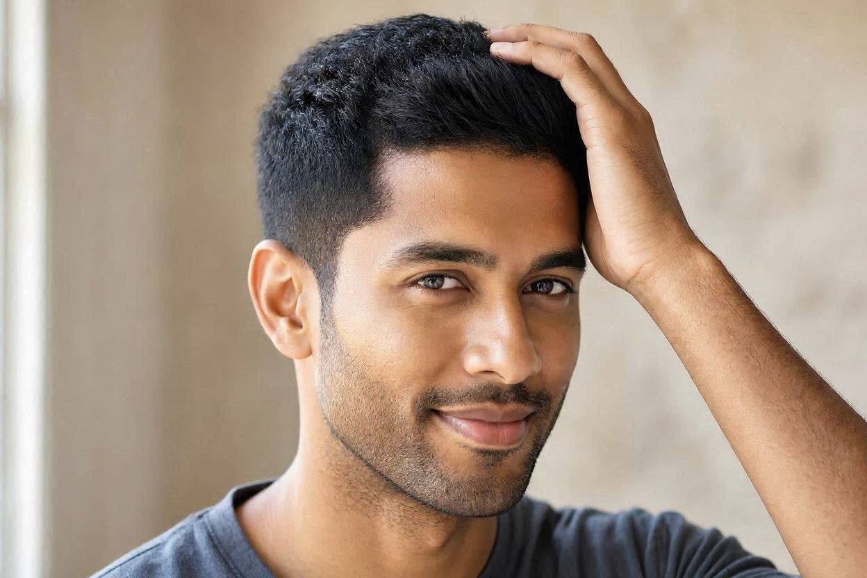 Smiling man running his hand through a full head of hair