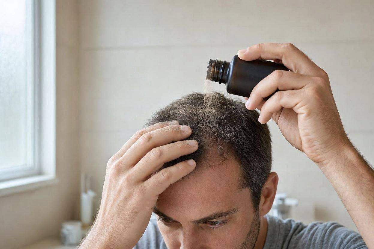 Man shaking hair fiber powder onto his scalp