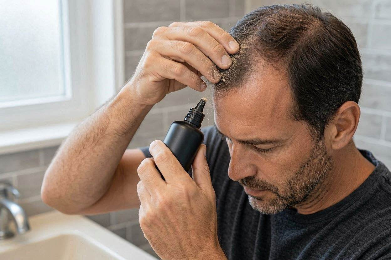 Man applying hair fiber powder to his thinning crown