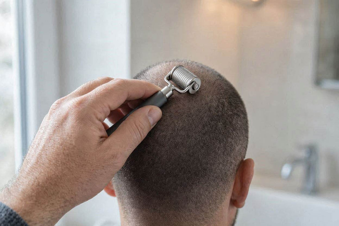 Woman rolling the Densara Derma Roller through gray hair
