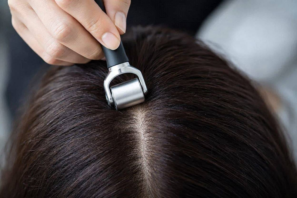Densara Derma Roller rolled through dark hair at the crown