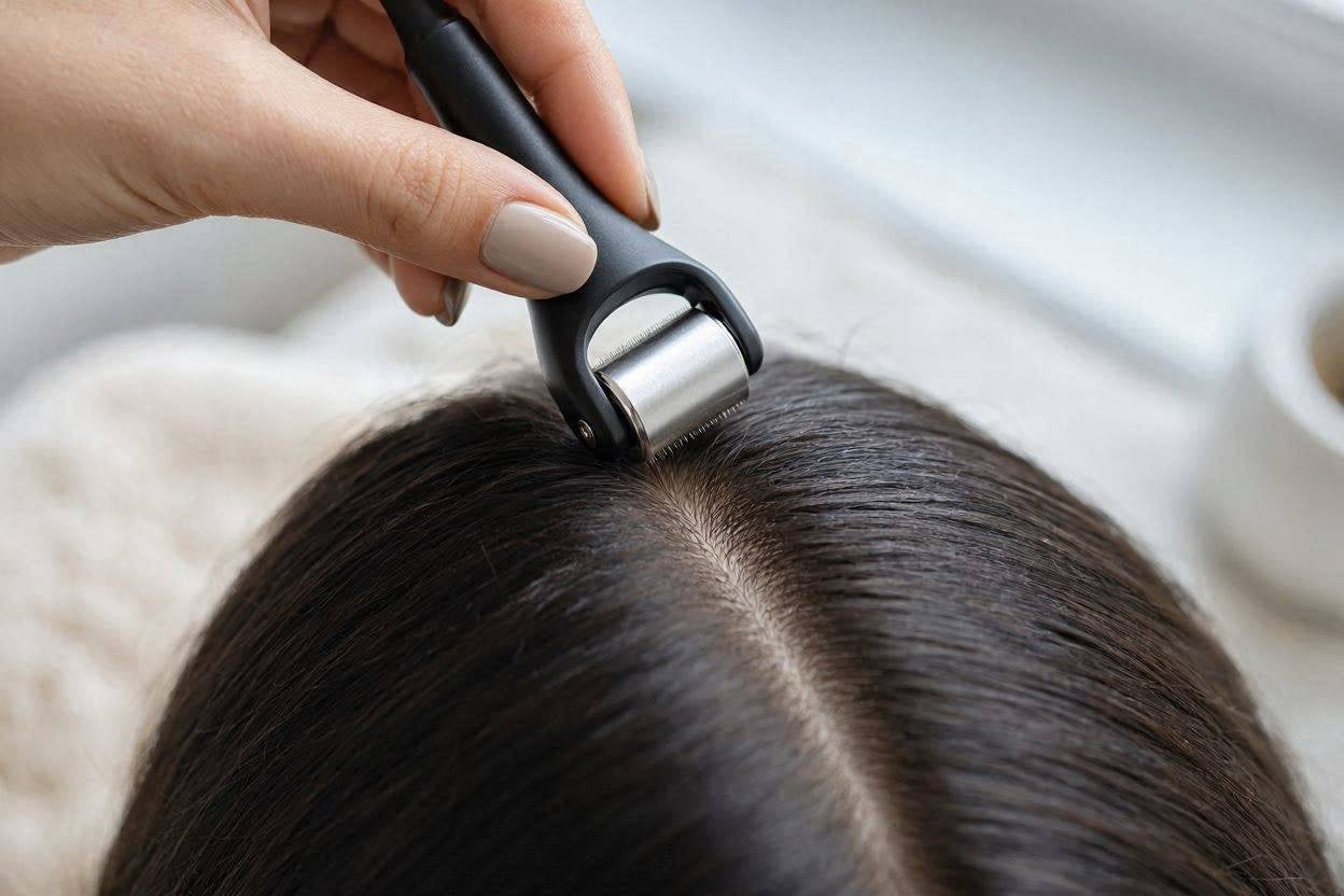 Close-up of the Densara Derma Roller applied to the scalp part