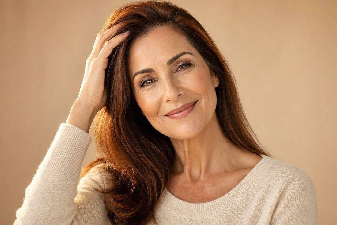 Smiling woman running her fingers through healthy-looking hair