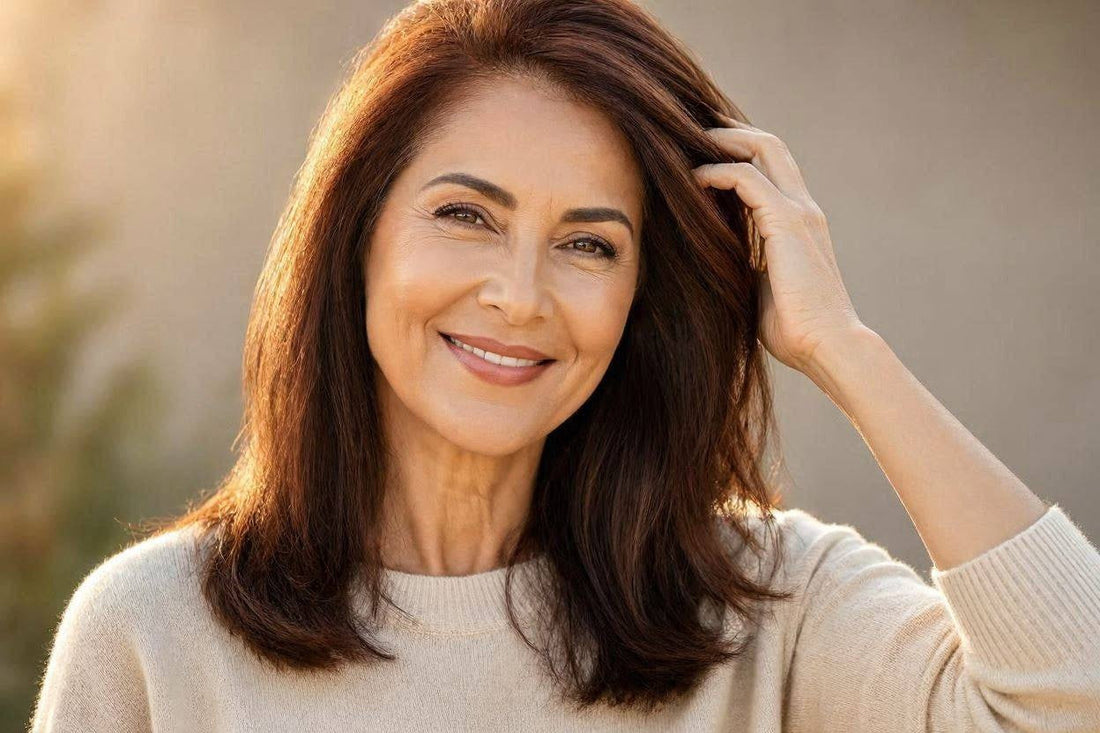 Portrait of a smiling woman touching her hair