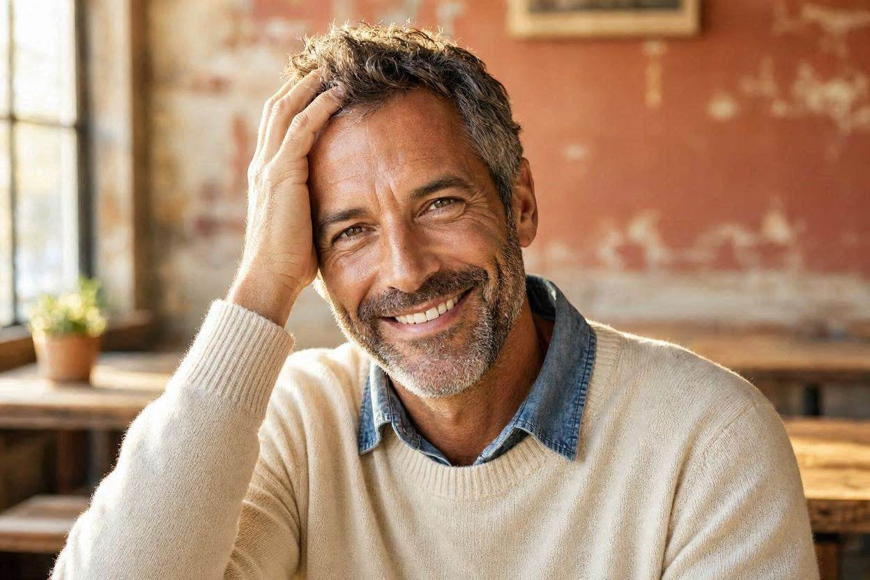 Smiling man running his hand through his hair