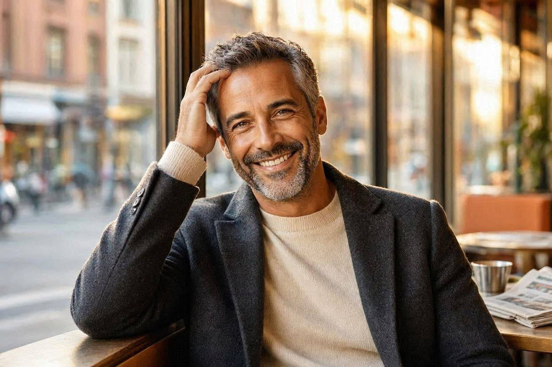 Smiling gray-haired man with his hand in his hair