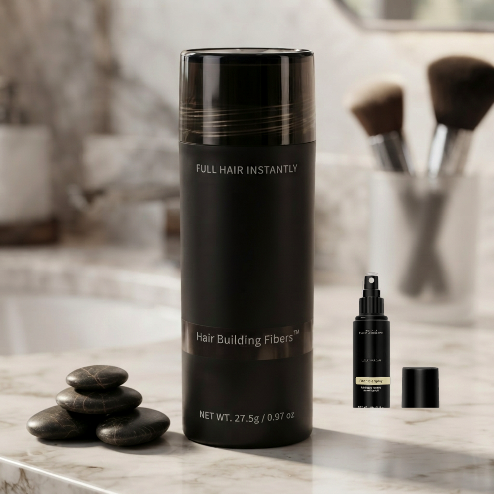 Trichara keratin fibers with Fiber Hold Spray — real product photo composite