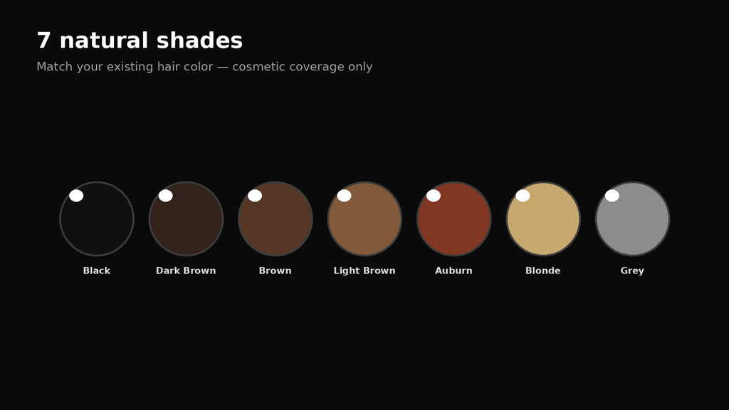 Trichara 7 natural shades — Black, Dark Brown, Brown, Light Brown, Auburn, Blonde, Grey