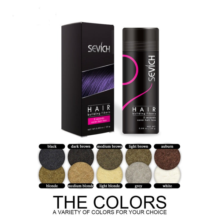 Sevich Hair Building Fibers bottle and box with full color chart showing all 10 available shades