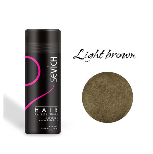 Sevich Hair Building Fibers bottle in Light Brown shade with color swatch