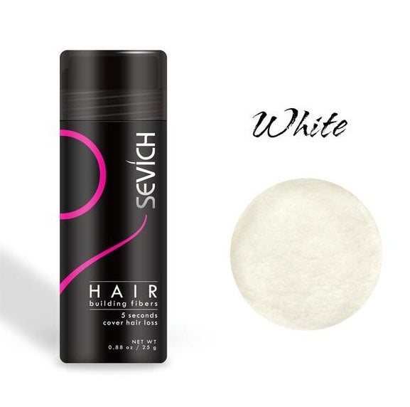 Sevich Hair Building Fibers bottle in White shade with color swatch