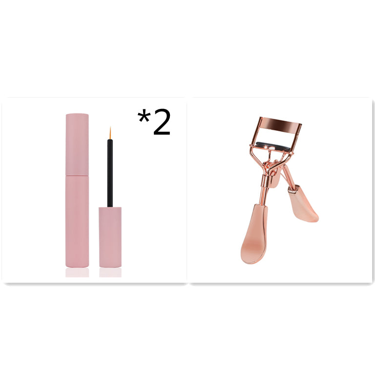 Densara Eyebrow and Lash Fiber Filler pink applicator tube 2-pack with rose gold eyelash curler