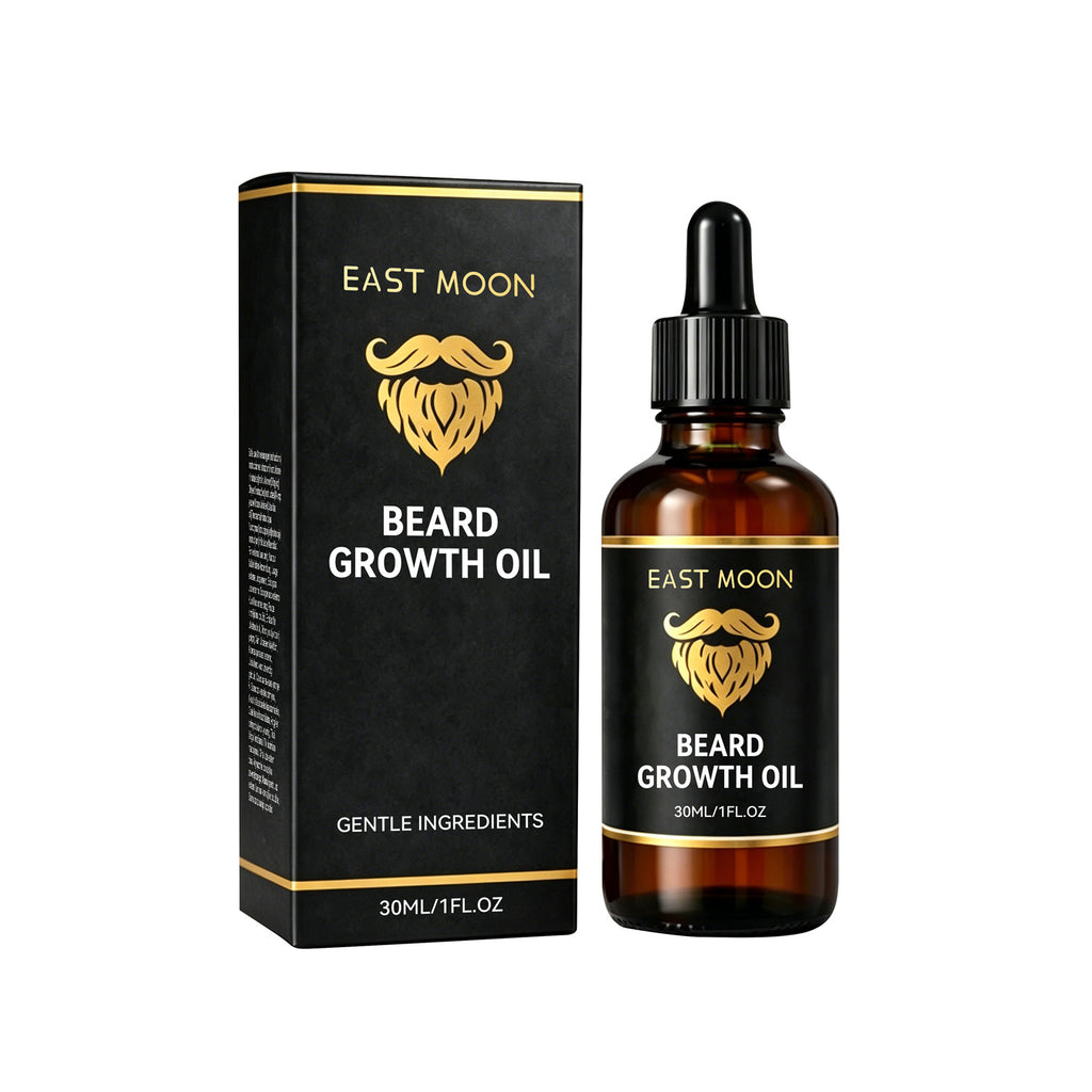 East Moon Beard Growth Oil bottle and box, 30ml dropper bottle