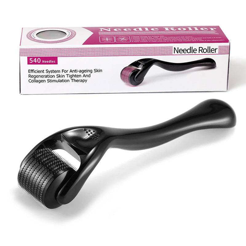 Densara Derma Roller packaging and microneedle roller head close-up, 540 titanium needles