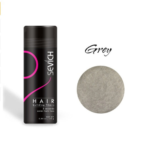 Sevich Hair Building Fibers bottle in Grey shade with color swatch