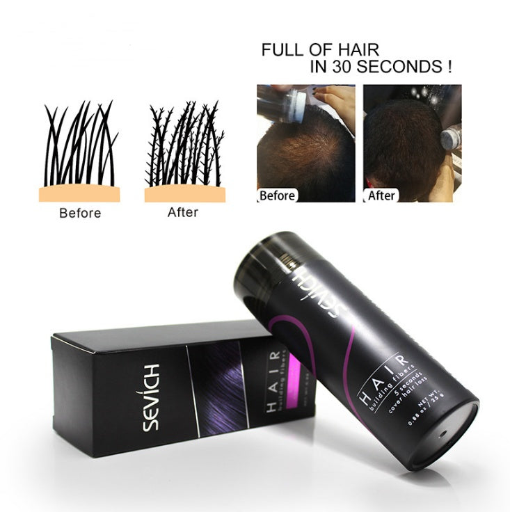 Illustration of hair fibers bonding to thinning strands, with before-and-after photos of fiber application and text 'Full of hair in 30 seconds'