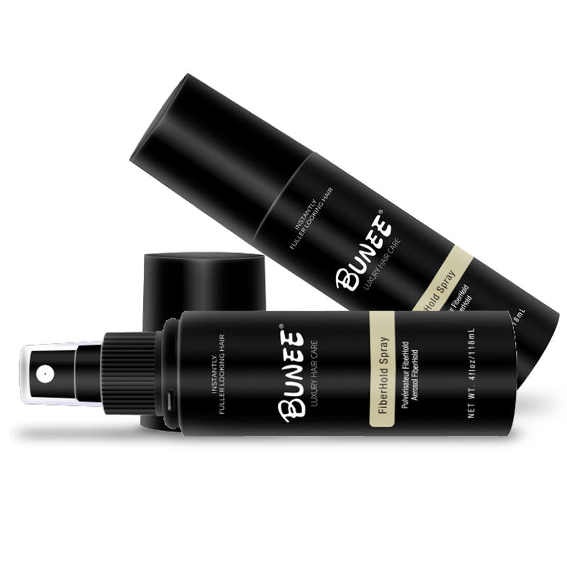 Two Bunee FiberHold Spray bottles shown at an angle, one lying down and one upright
