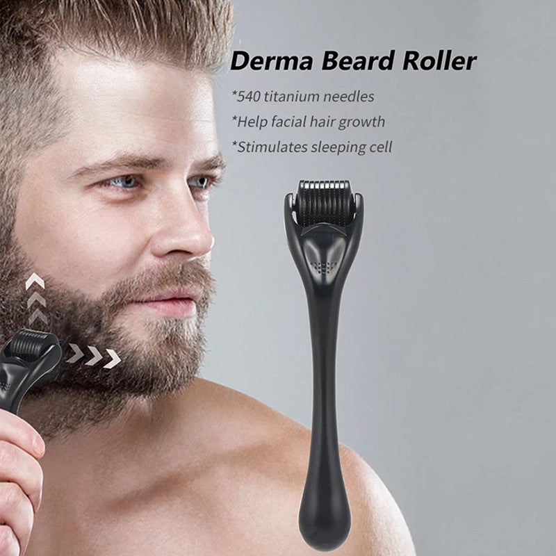 Man applying the Densara Derma Roller with 540 titanium microneedles to his beard