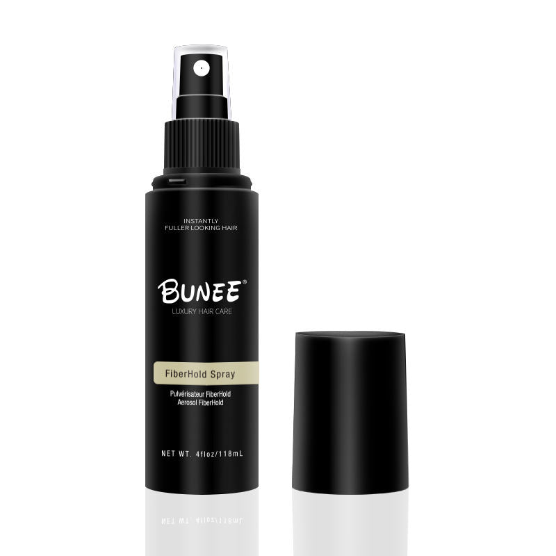 Bunee FiberHold Spray bottle standing upright with its cap removed beside it