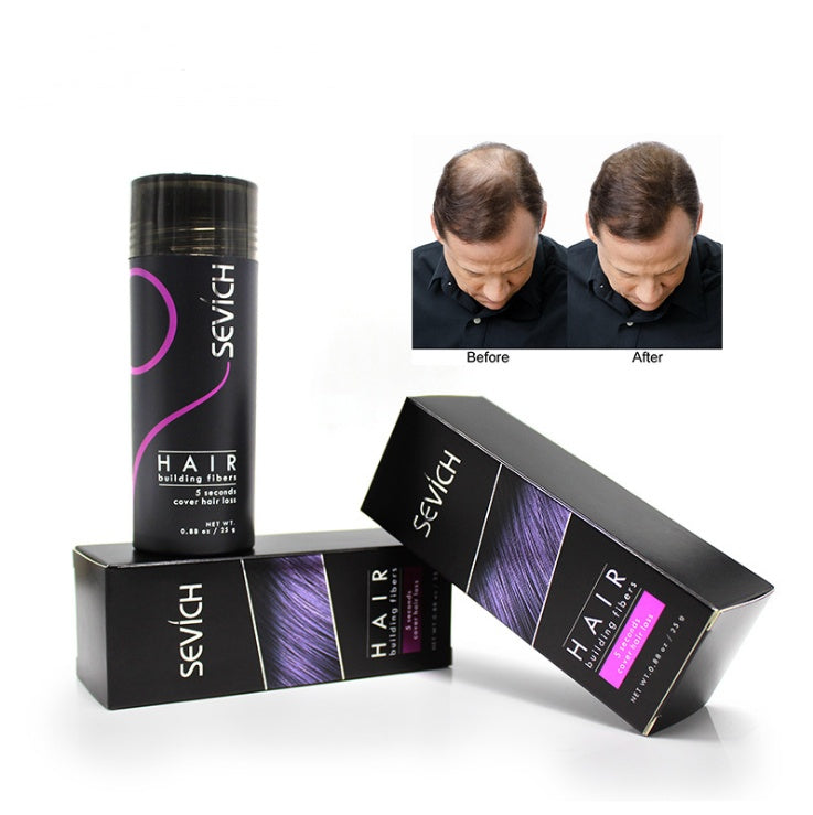 Sevich Hair Building Fibers bottle and packaging with before-and-after photo of a man's thinning hairline fully covered