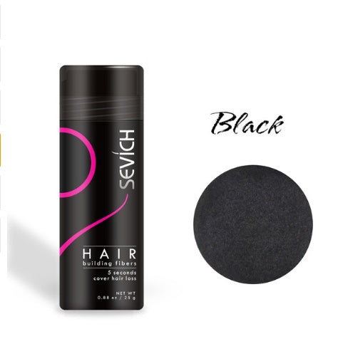 Sevich Hair Building Fibers bottle in Black shade with color swatch