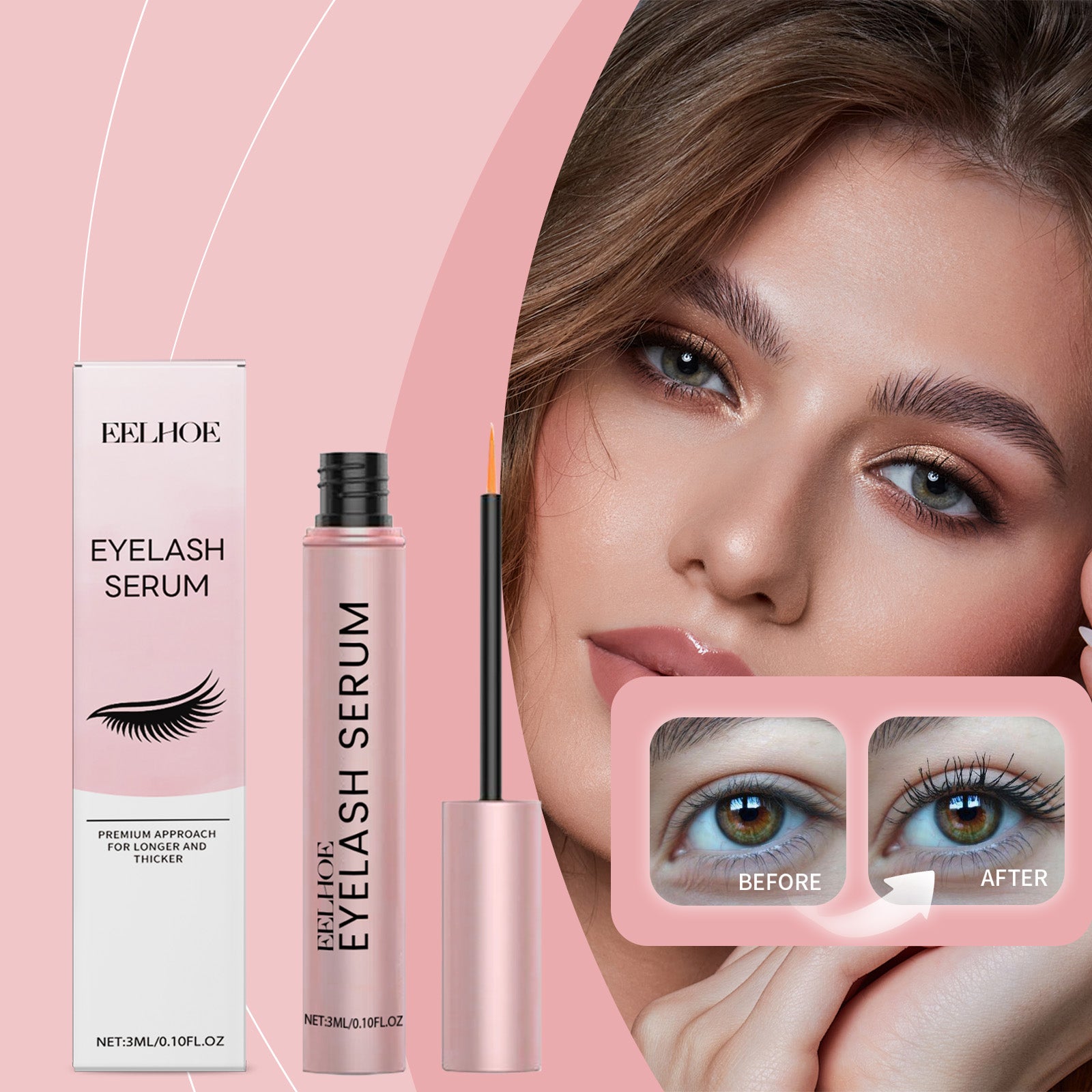 EELHOE Eyelash Serum packaging, applicator, and before-and-after lash example