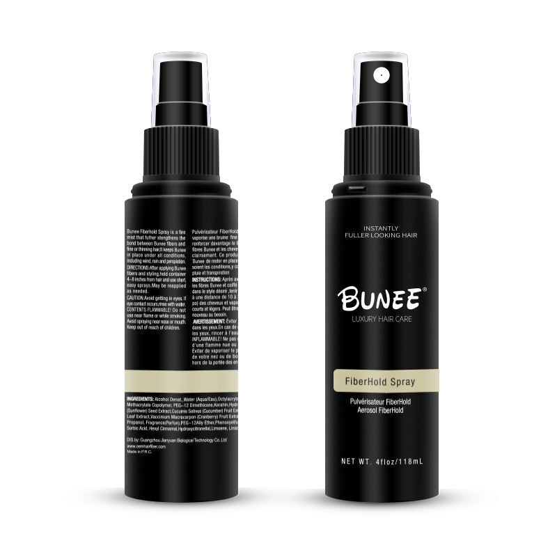 Front and back of the Bunee FiberHold Spray bottle showing the ingredient list and usage directions
