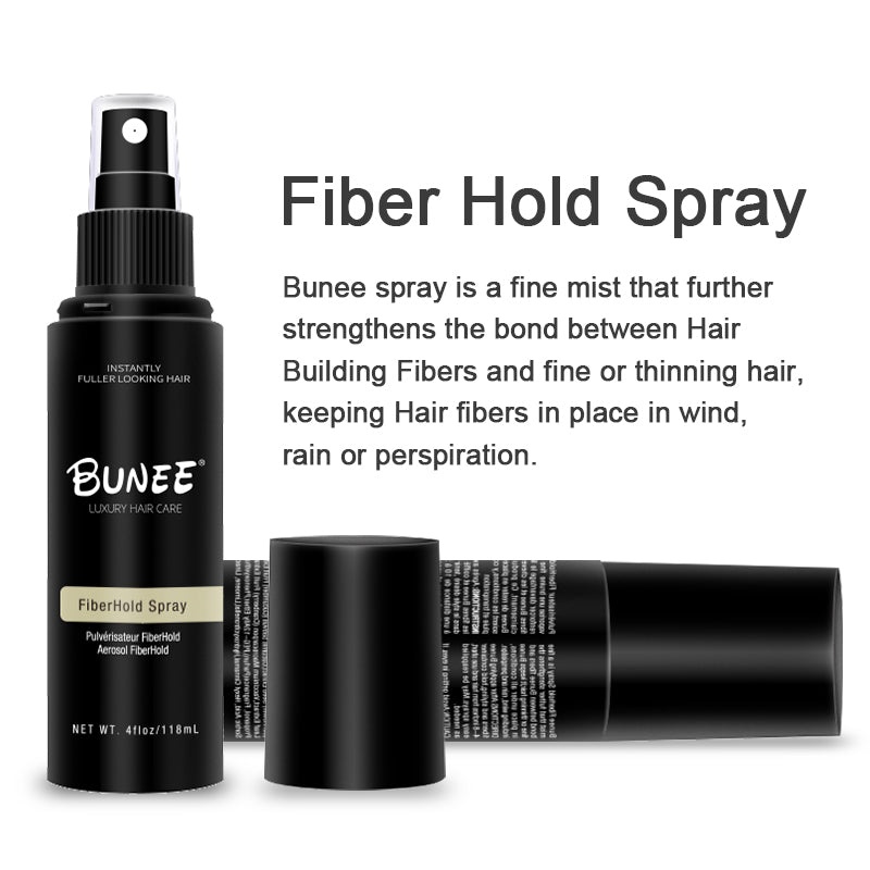 Bunee FiberHold Spray bottle with text describing it as a fine mist that strengthens the bond between hair fibers and thinning hair in wind, rain, or sweat
