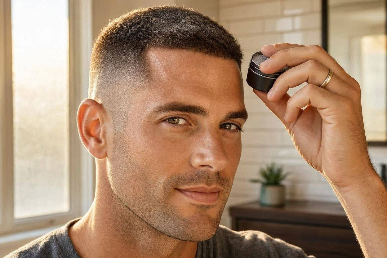 Man holding a small tin near his hairline, close crop haircut, warm indoor lighting