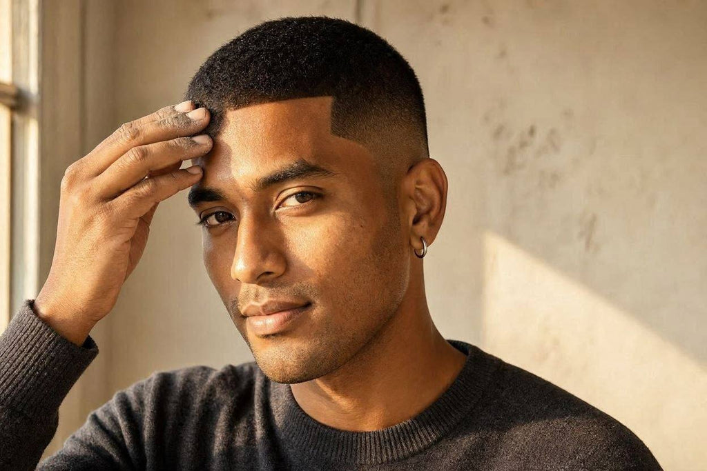 Man running his hand through his hairline, close crop haircut, natural window light