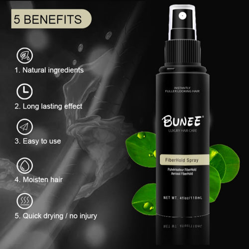 Bunee FiberHold Spray bottle with 5 benefits listed: natural ingredients, long lasting effect, easy to use, moisten hair, quick drying