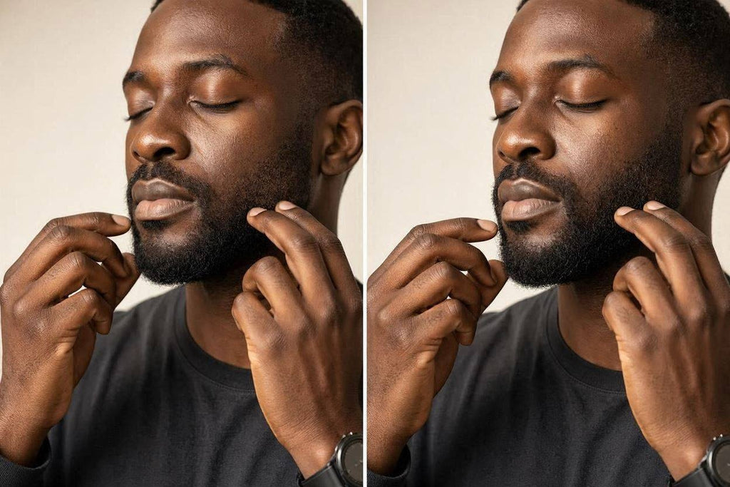 Man massaging beard oil into his jawline