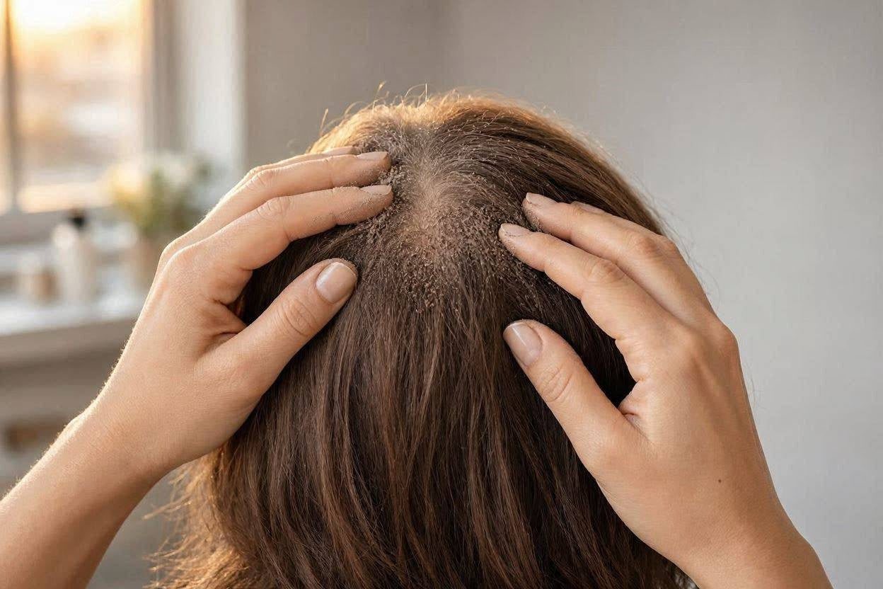 Close-up of a flaky, dry scalp being examined by hand