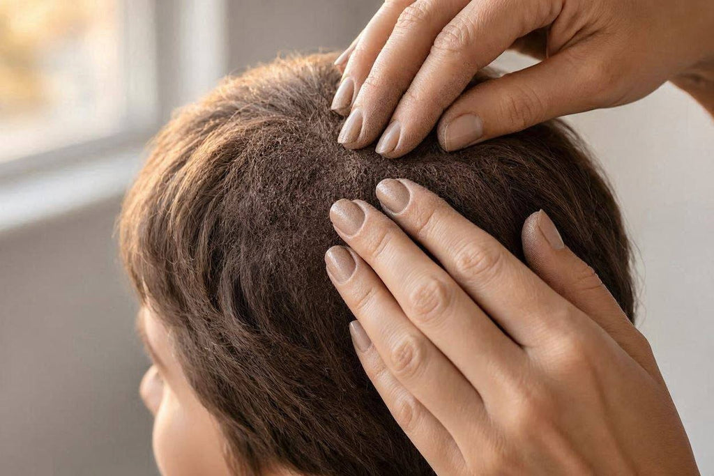 Close-up of a flaky scalp with hands parting the hair