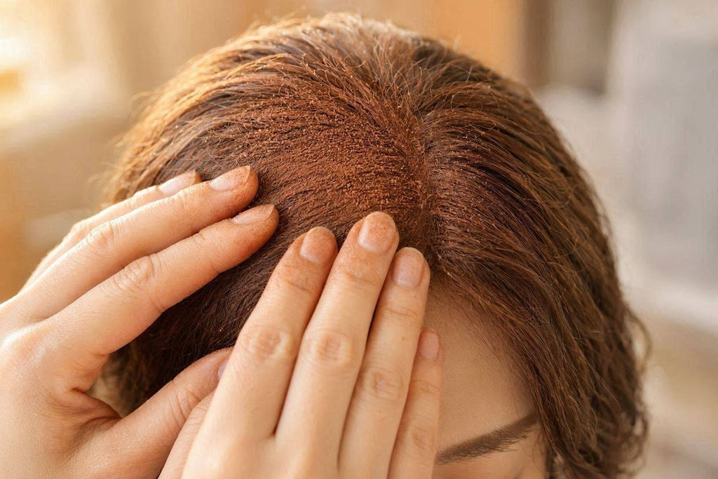 Close-up of scalp flakes at the roots
