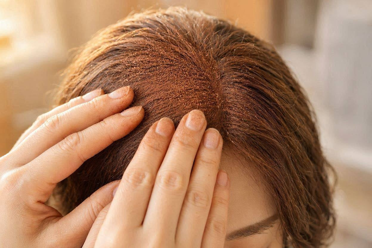 Close-up of scalp flakes at the roots