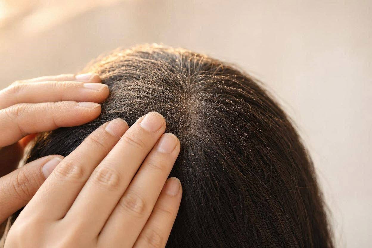 Close-up of a dry, flaky scalp