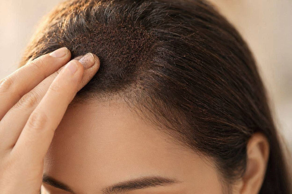 Hands parting hair to show scalp flaking