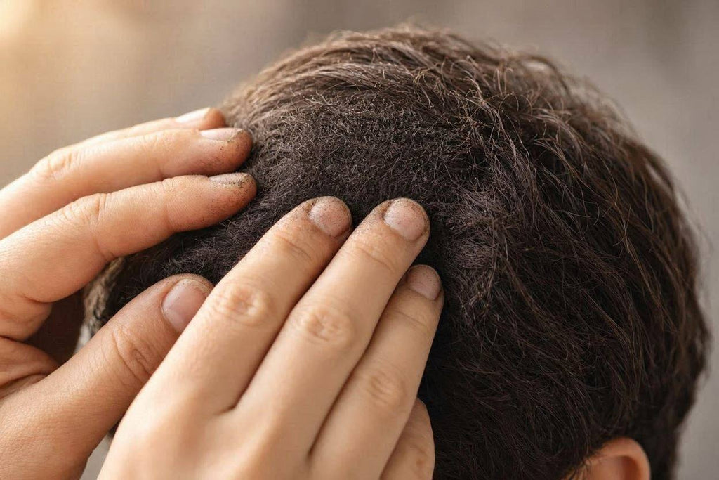 Close-up of a flaky scalp and hairline