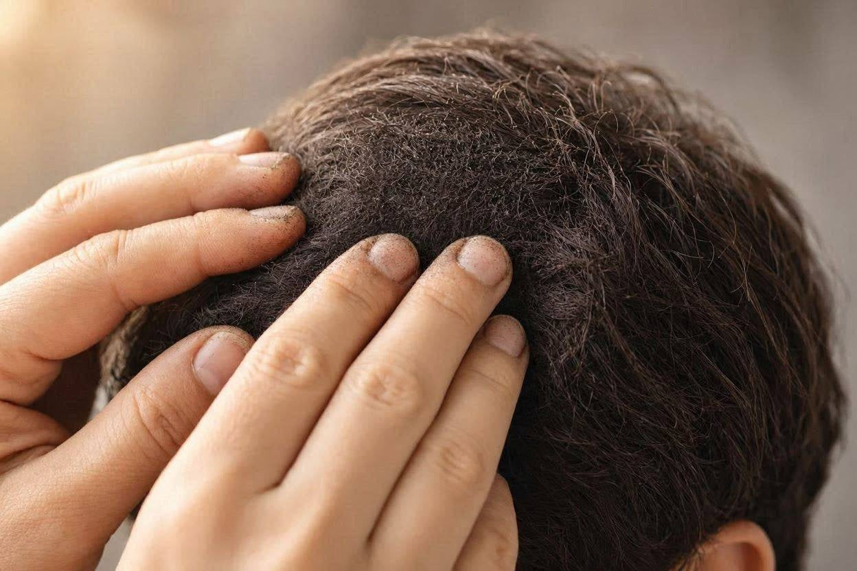 Close-up of a flaky scalp and hairline