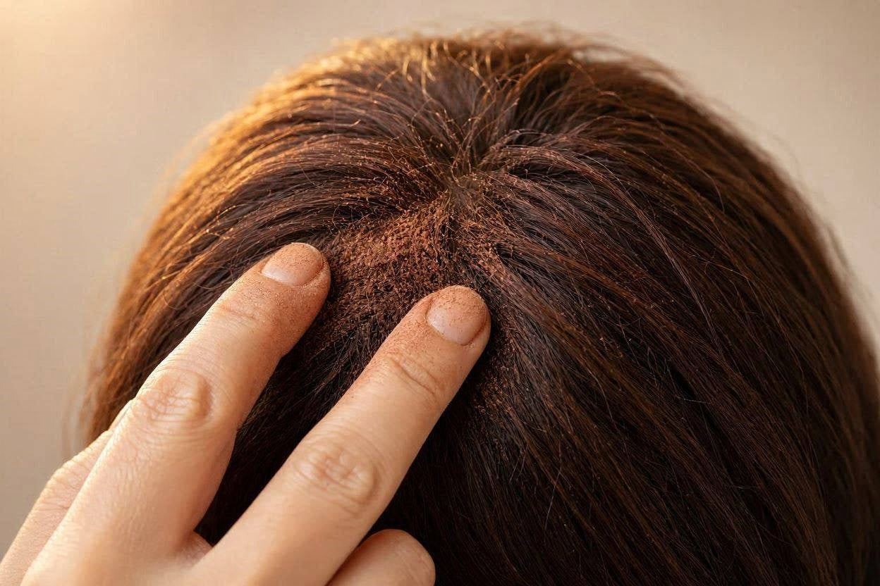 Close-up of scalp buildup and flaking