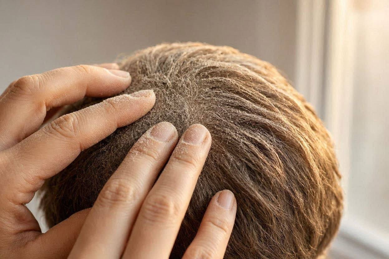 Hands examining a flaky, dry scalp