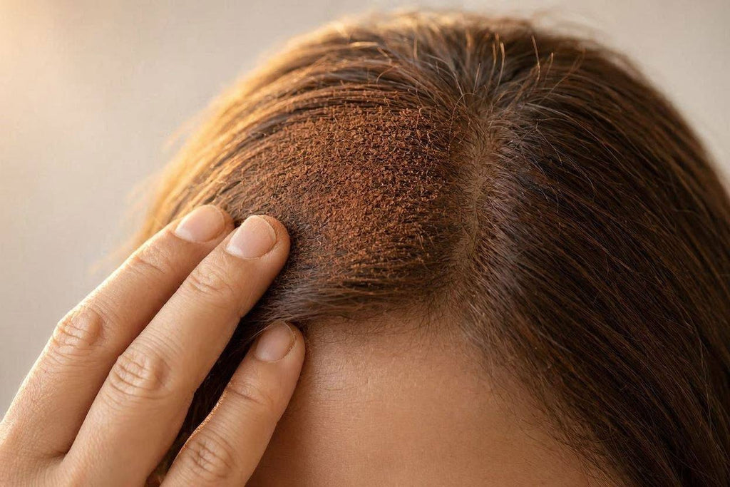 Close-up of scalp flaking near the part