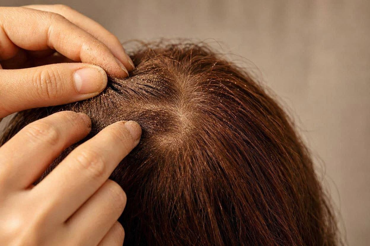 Close-up of a flaky scalp with visible dry skin