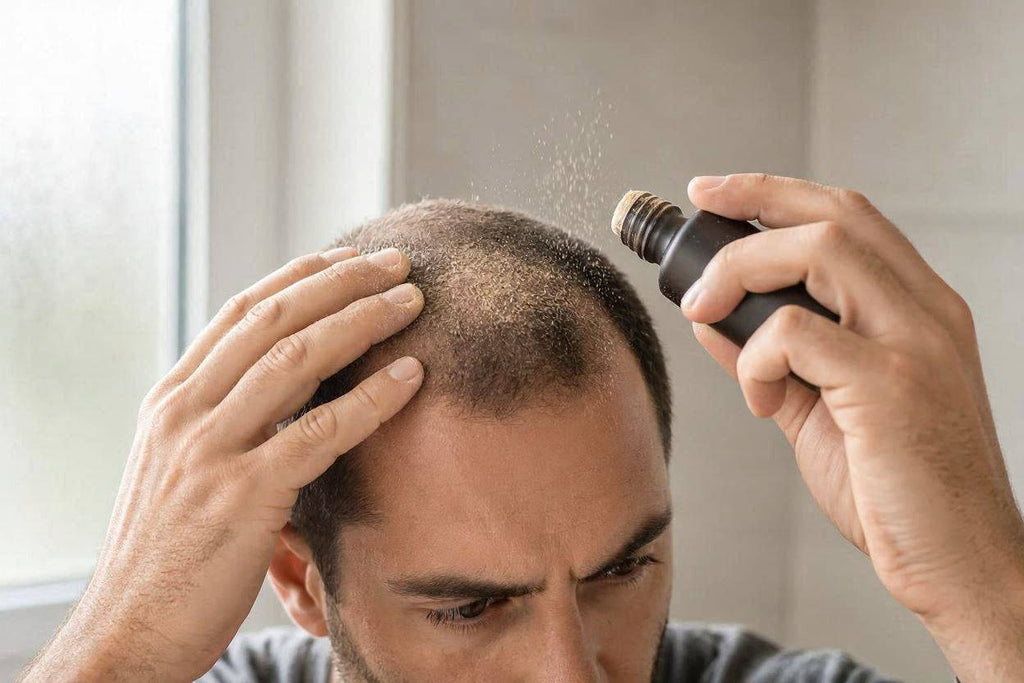 Man applying hair building fiber powder to his thinning hairline