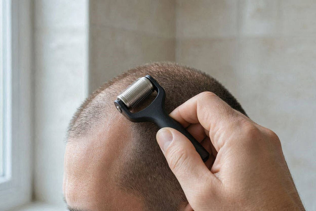 Close-up of the Densara Derma Roller with visible titanium needles being rolled over the scalp