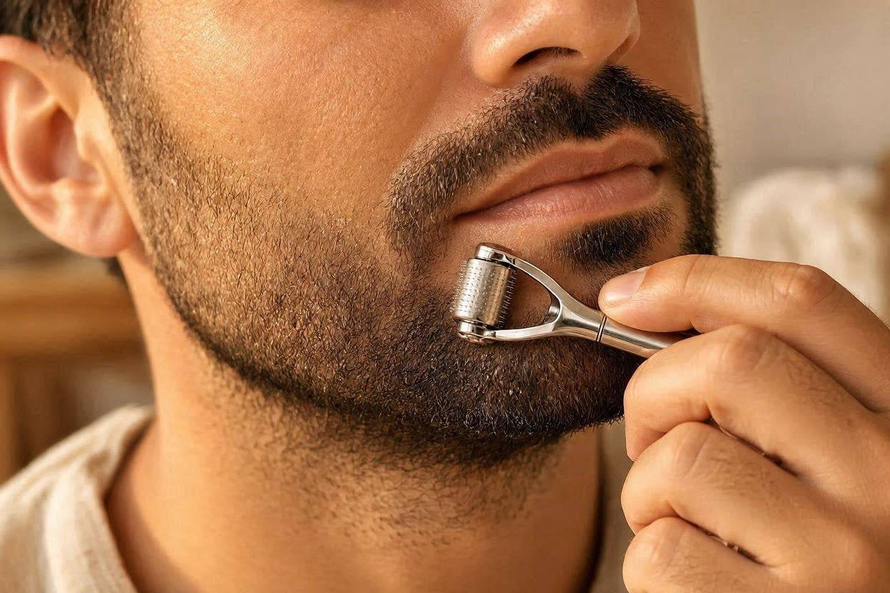 Man having the Densara Derma Roller applied near his hairline