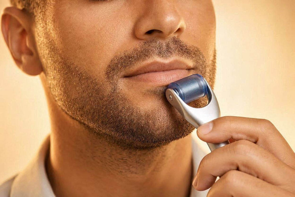 Close-up of the Densara Derma Roller rolled through dark hair at the part