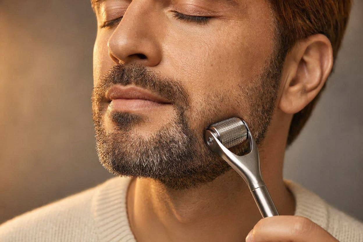 Man rolling the Densara Derma Roller along his jawline through his beard